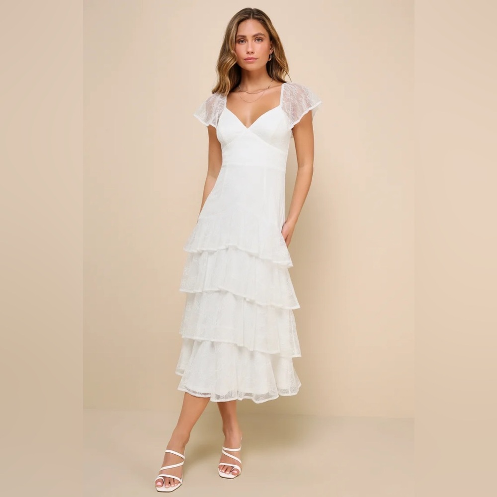 Lulus XS Graceful Darling White Lace Flutter Sleeve Tiered Midi Dress